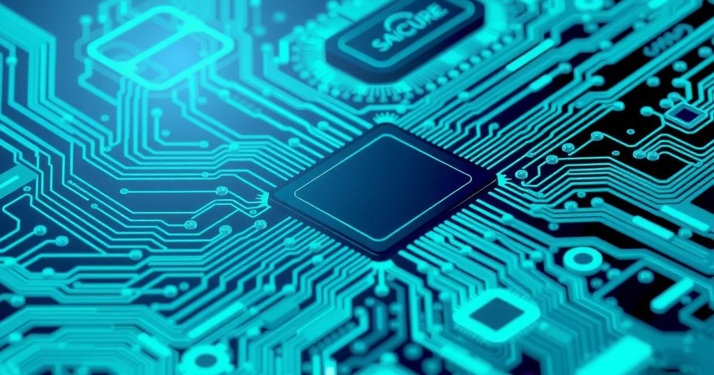 An abstract design representing technology, featuring silicon chips and circuit patterns in blue and green tones.