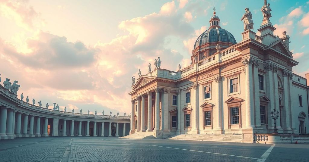 A serene Vatican landscape symbolizing ethics in AI, highlighting human dignity and spirituality, with soft pastel colors.