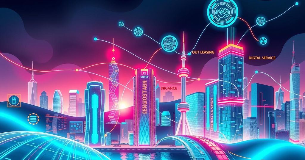 Futuristic cityscape with digital technology elements and AI motifs in a dynamic color scheme.