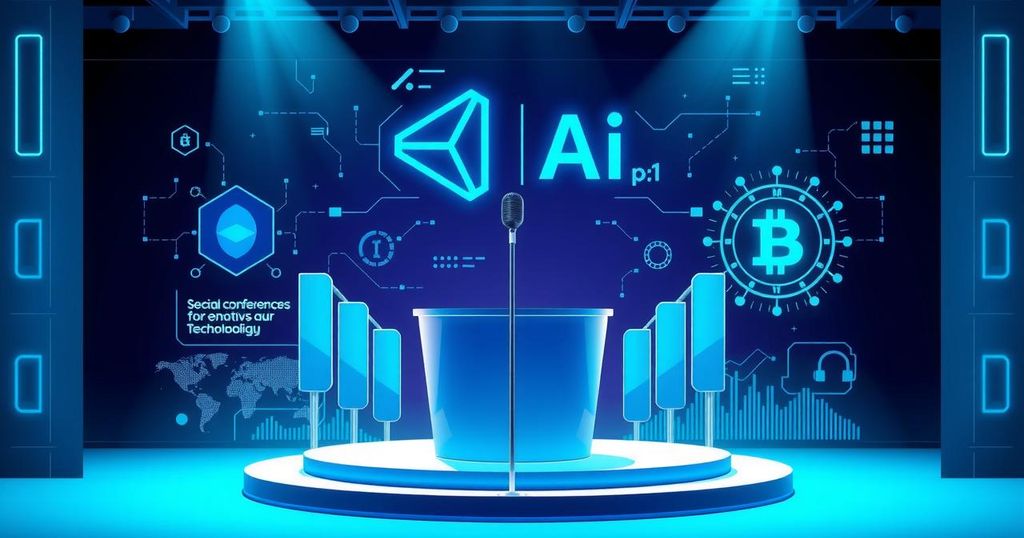 Artistic representation of AI and crypto collaboration at a conference with vibrant colors and modern design.