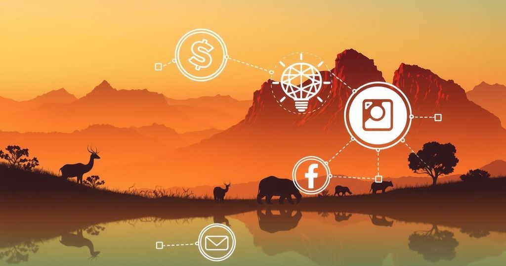 A serene Australian landscape with AI components and social media symbols, in a modern artistic style with warm color schemes.