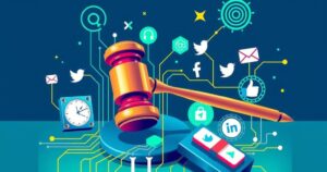 A symbolic depiction of technology regulation featuring a gavel, digital circuits, and social media icons in vibrant colors.