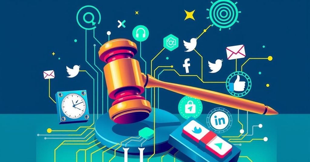 A symbolic depiction of technology regulation featuring a gavel, digital circuits, and social media icons in vibrant colors.
