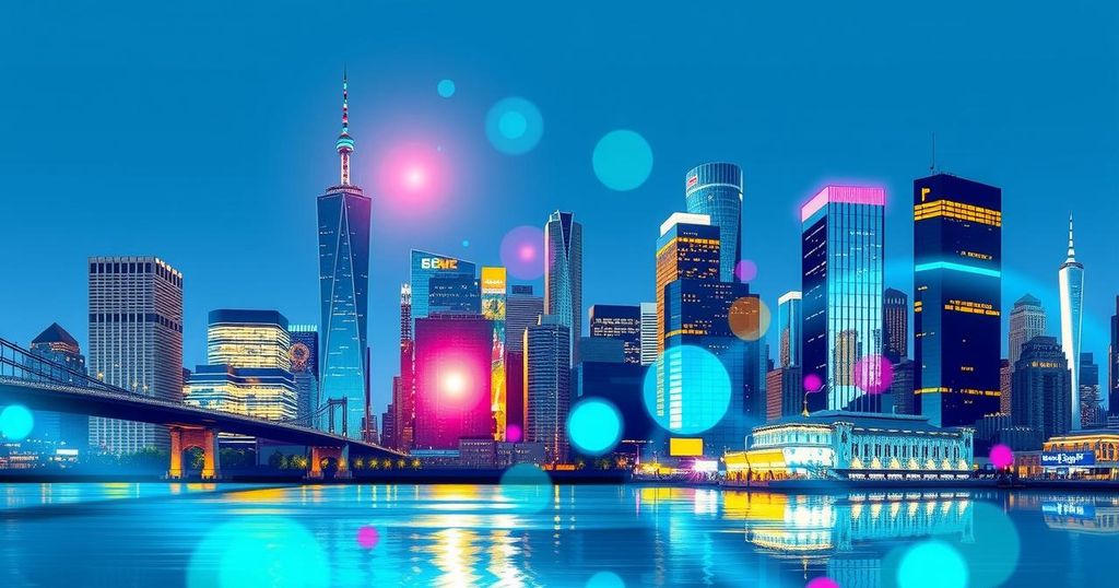 New York City skyline with tech elements, showcasing innovation and AI growth in a vibrant color scheme.