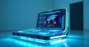 A futuristic scene depicting a small, advanced digital device that looks like a book, glowing with bright colors.