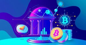 Czech National Bank's shift to tech and crypto investments depicted with tech visuals and vibrant colors.