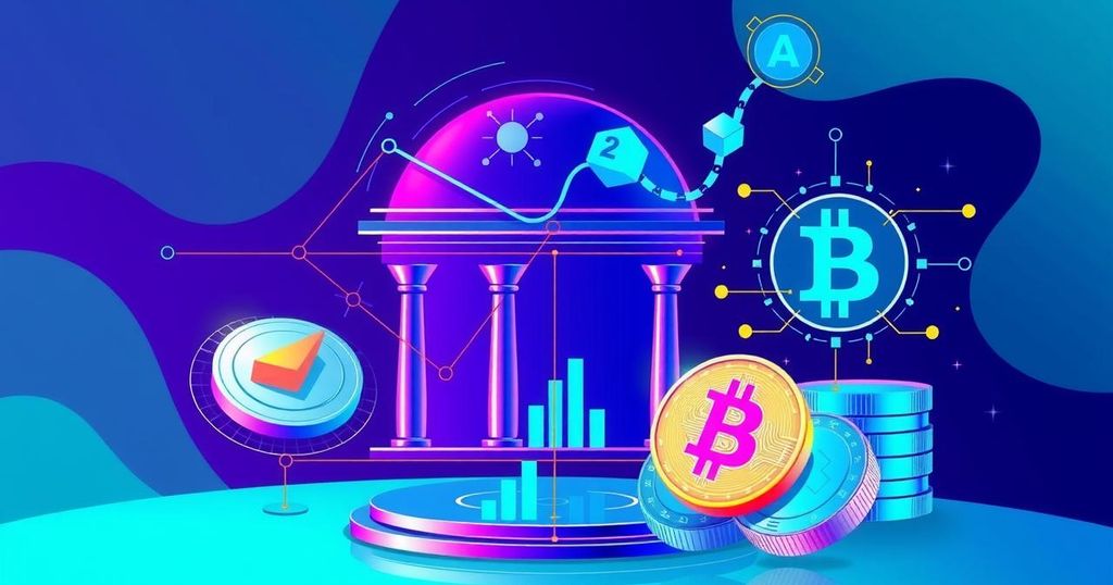 Czech National Bank's shift to tech and crypto investments depicted with tech visuals and vibrant colors.