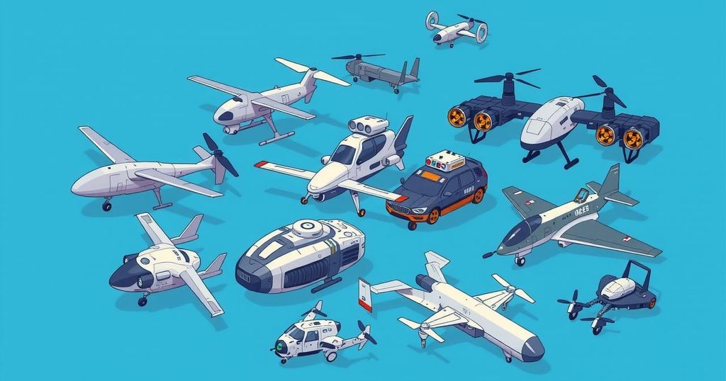 Drones and autonomous vehicles in a modern military context with blue color scheme.