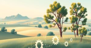 A serene Australian landscape representing regulatory efforts with AI and social media themes, in soft pastel colors.