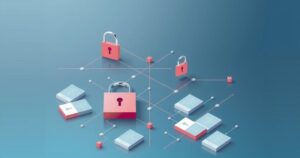 A digital collage depicting data privacy concerns in AI, featuring abstract locks and digital files in muted colors.