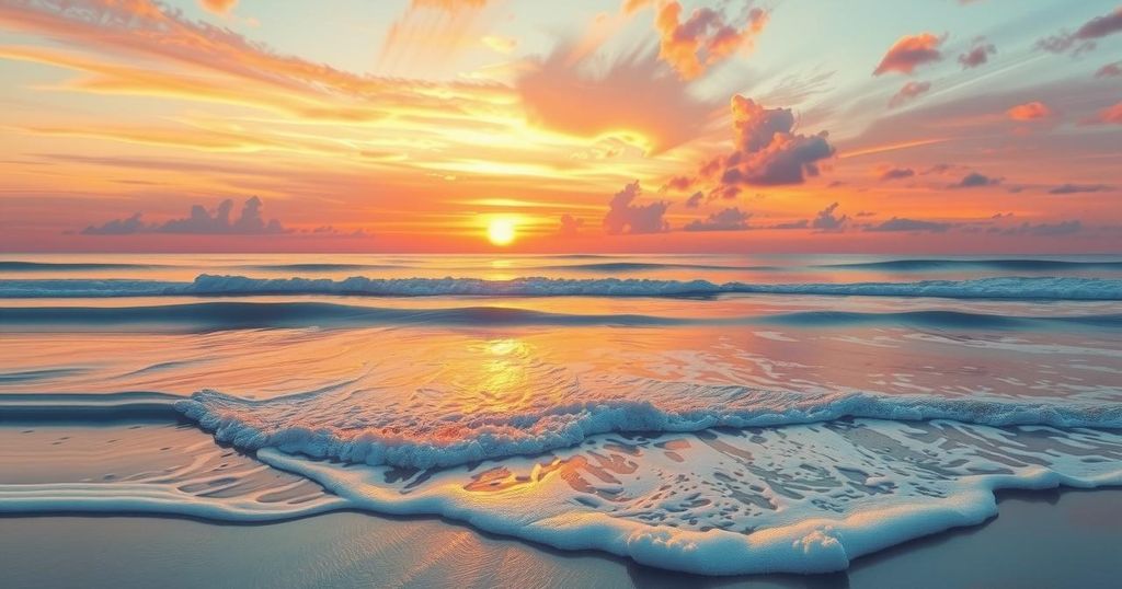 A serene landscape with a calm beach, gentle waves, and vibrant sunset colors reflecting on water.