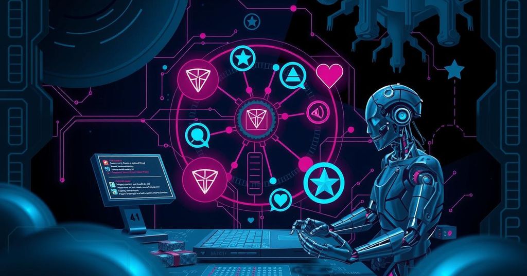 An abstract representation of automated scamming tools in crypto with dark themes and tech elements.