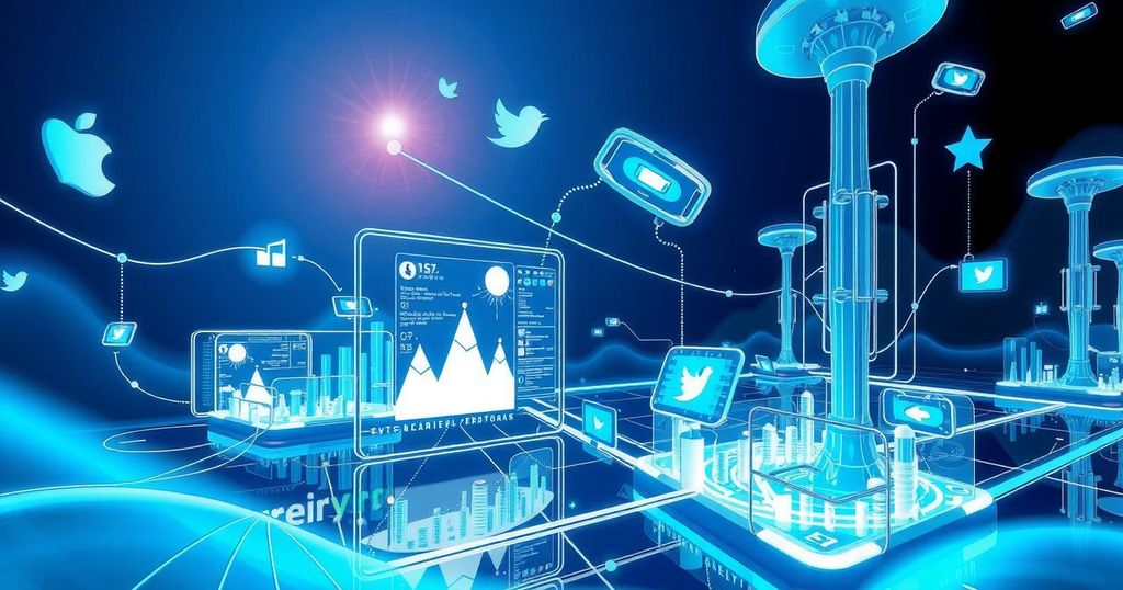 Illustration of AI technology and social media with futuristic aesthetics and a blue and white color palette.