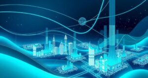 A digital landscape representing AI technology, featuring abstract circuits and data flow in a blue and green palette.