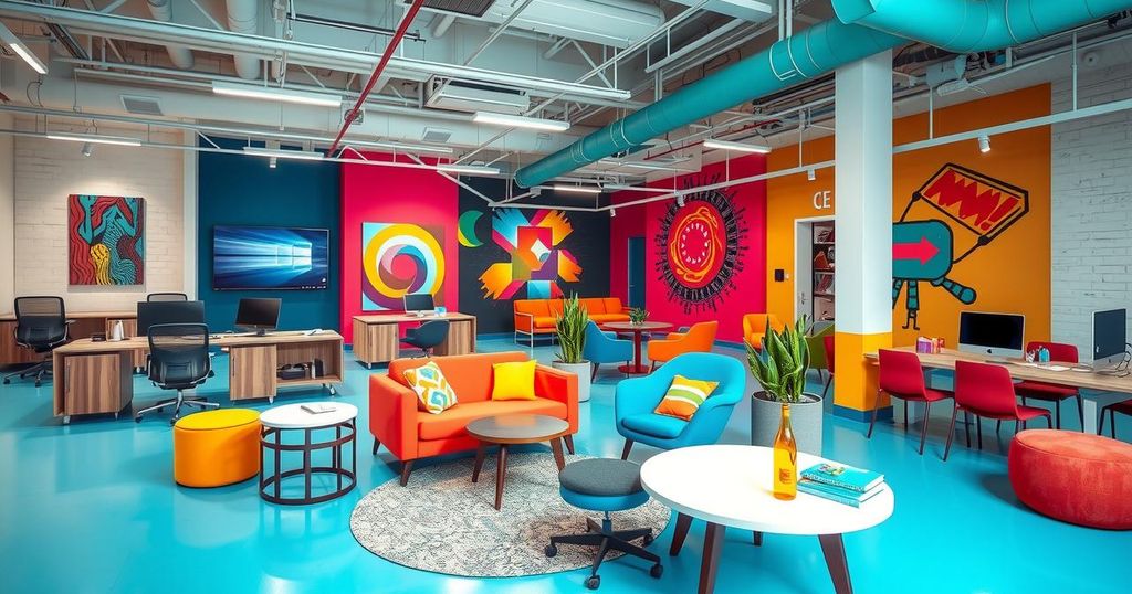 Vibrant tech hub with modern designs, showcasing inclusive teamwork and creativity.