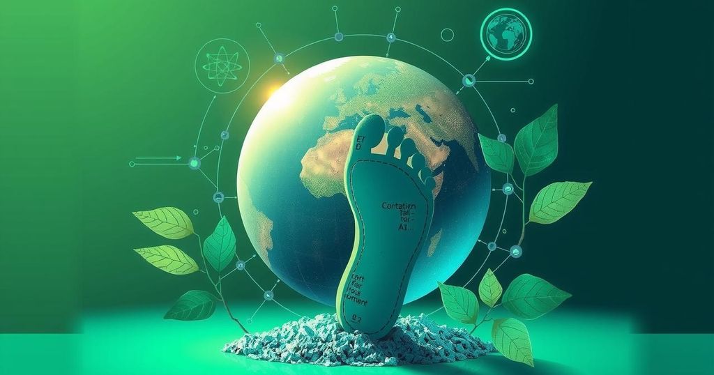A visualization showing the environmental impact of AI model training with a carbon footprint theme.