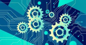 A digital representation of innovation amid complex regulations, featuring abstract tech elements in a blue and green color scheme.