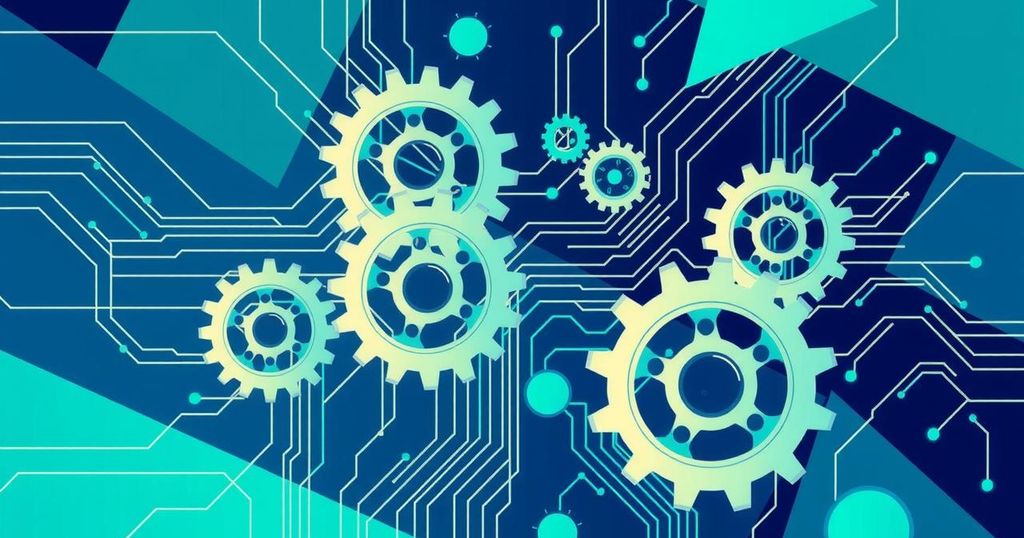 A digital representation of innovation amid complex regulations, featuring abstract tech elements in a blue and green color scheme.