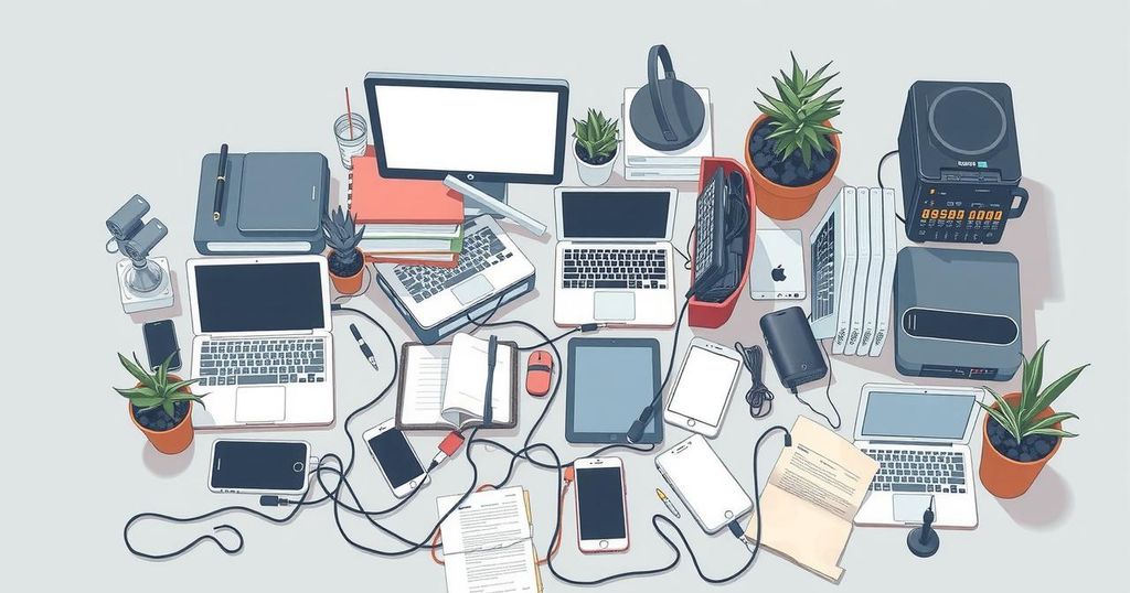 Illustration of technology's impact, depicting a cluttered desk with screens and various gadgets, in a muted color palette.