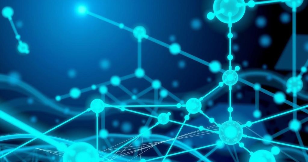 A modern digital landscape showcasing XRP's potential in global finance, featuring blockchain elements in vibrant blue and green shades.