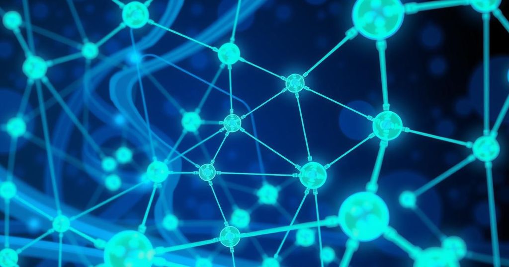 A futuristic telecommunications network showcasing AI technology with interconnected nodes and vibrant blue and green colors.