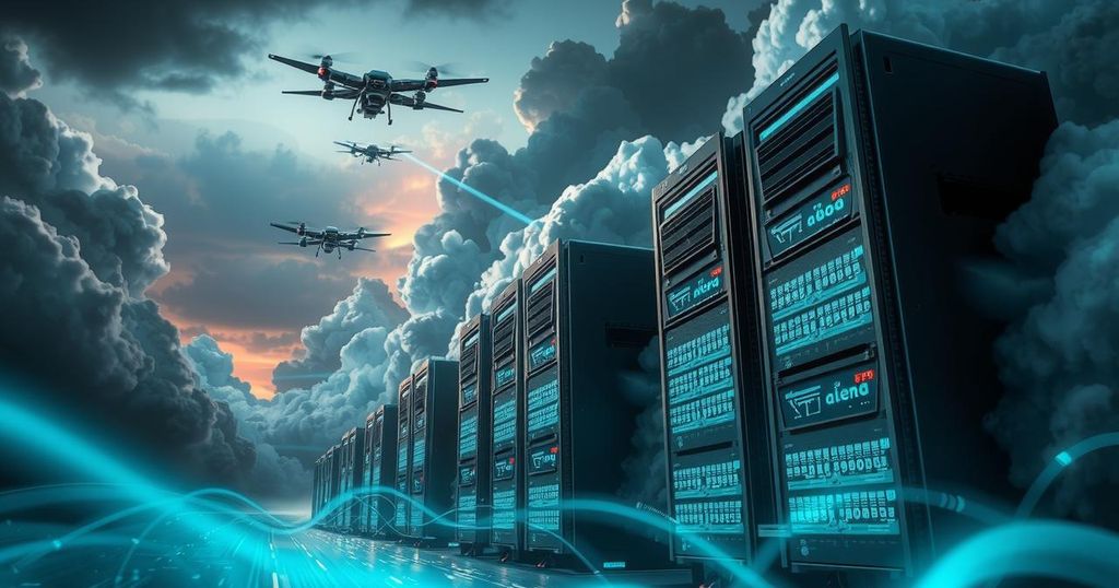 A dark futuristic landscape depicting the intersection of technology and military, featuring cloud servers and drones.