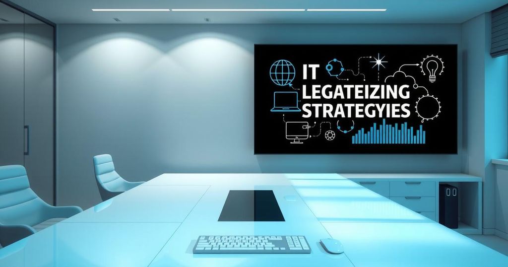 A modern office with legacy system icons on a desk and a digital screen showcasing IT strategies for modernization.