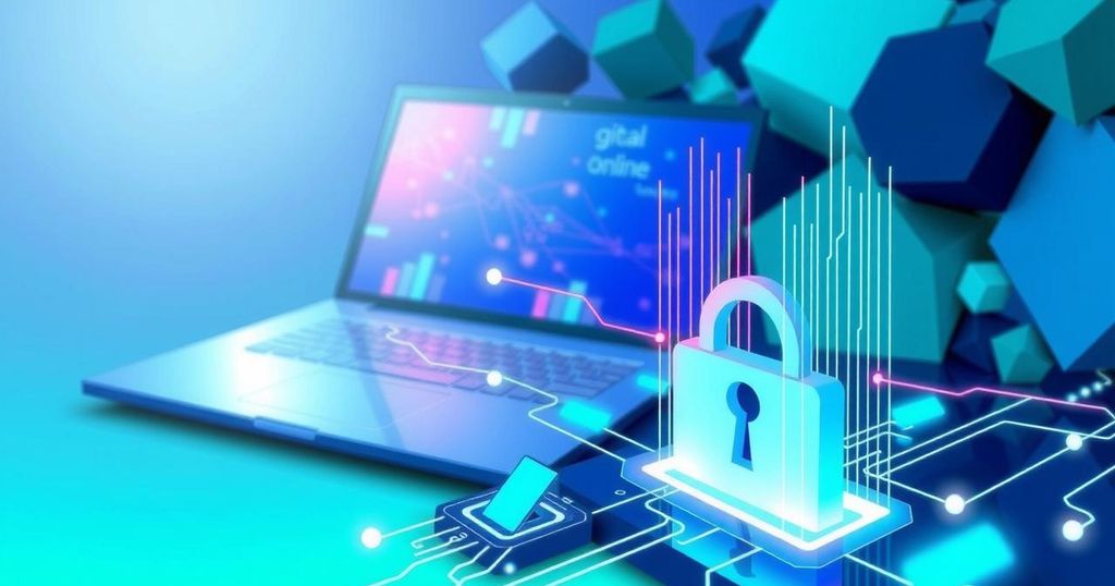A tech-focused illustration of an AI platform with vibrant colors and geometric shapes representing online safety.