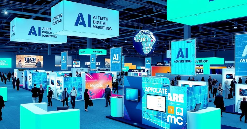 A vibrant digital marketing conference showcasing AI tools in a tech-focused setting with modern decor and interactive displays.