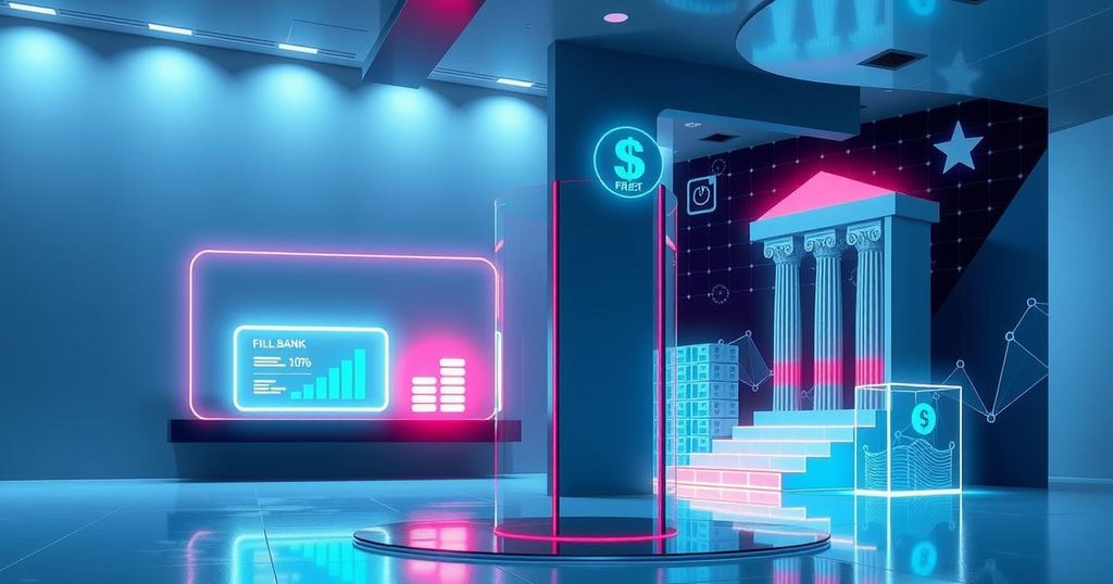 An artistic representation of a modern digital bank environment for tech startups with abstract tech motifs.