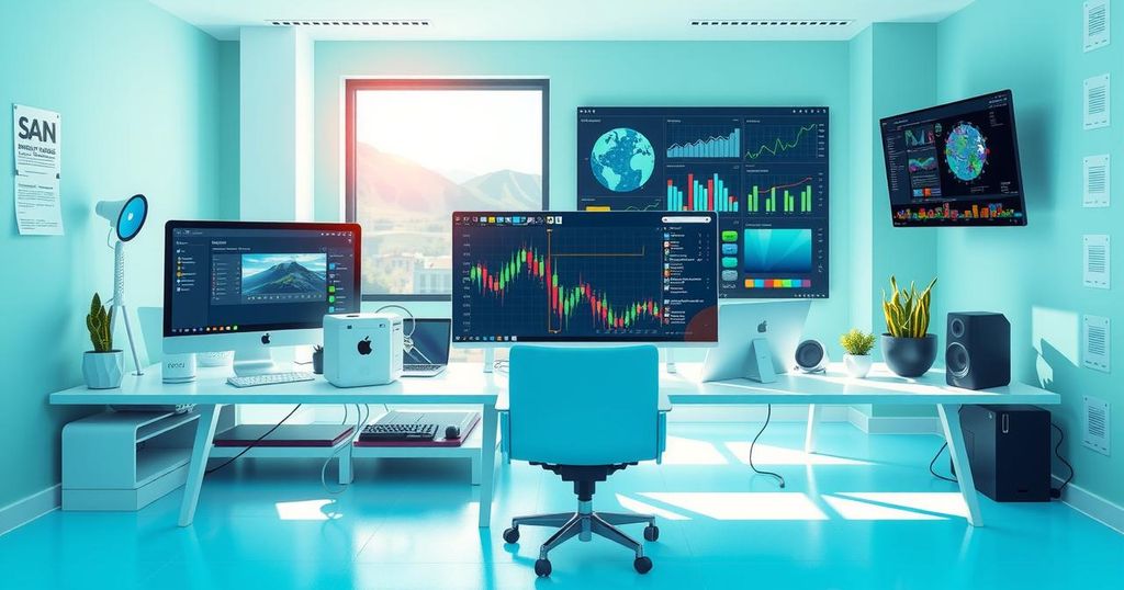 A vibrant and collaborative workspace showcasing technology innovation with modern computers and tech gadgets.