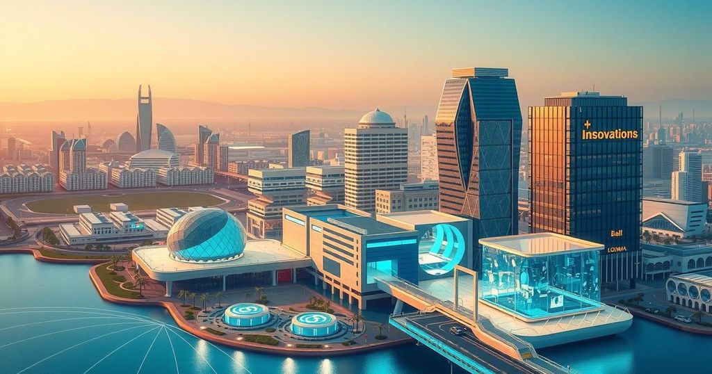 A vibrant cityscape of Muscat showcasing innovation hubs and technology development, with greens and blues emphasizing growth.