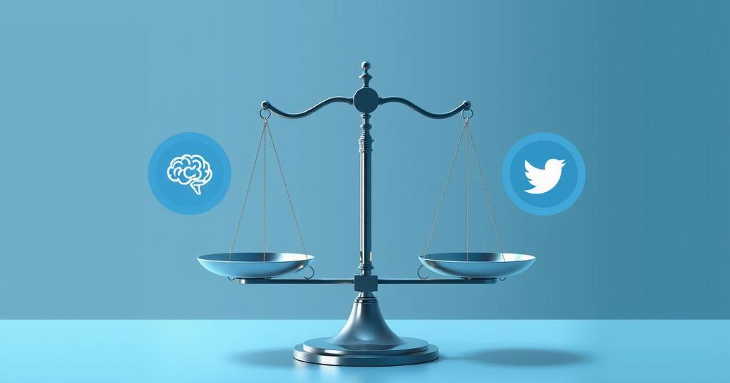 A digital artwork depicting a balanced scale with AI and social media icons on either side, in a modern style with cool colors.